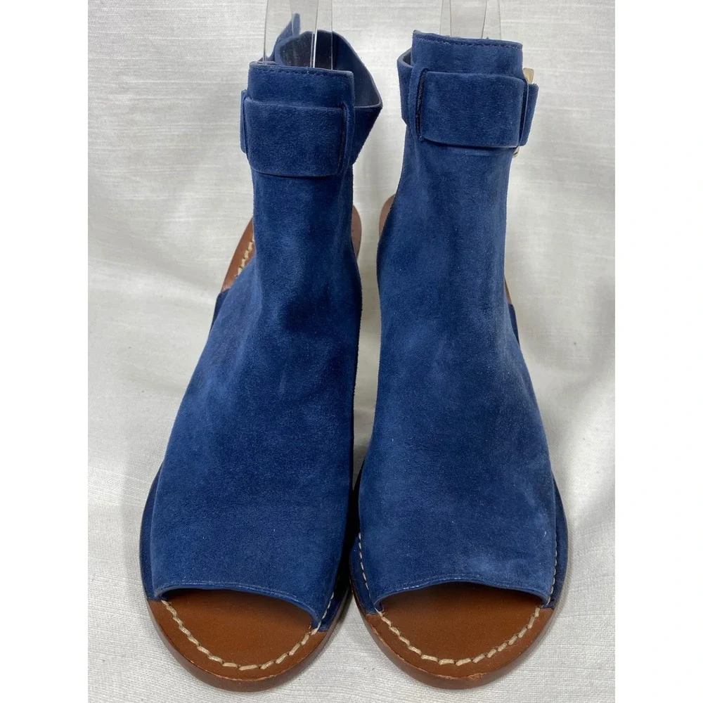 Tory Burch Blue Suede Peep Toe Slingback Heels Metallic Sculpted‎ Heel Size 7